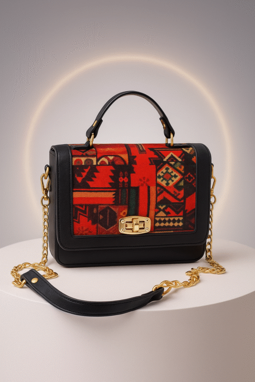 Ethnic Pattern Crossbody Handbag with Leather Detailing